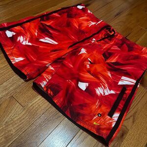 Nike Board Shorts Baggy Y2K Swim Trunks Mens Medium Red Black  Abstract Pattern
